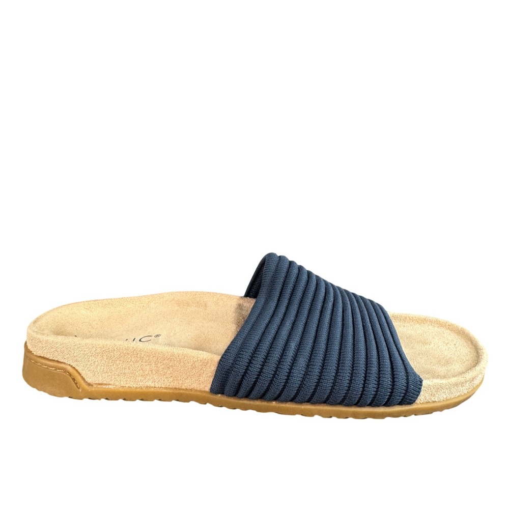 Vionic Navy Blue Ribbed Knit Slide Sandals Tan Footbed Orthotic Comfort Size 8